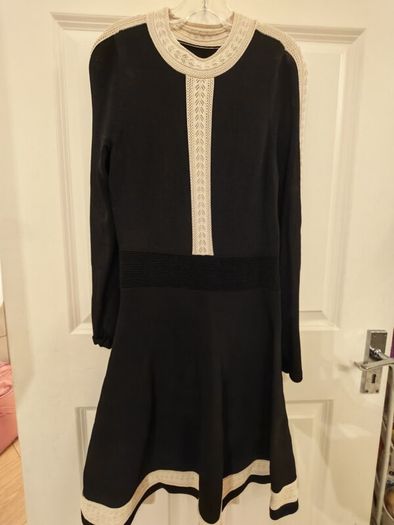 Sandro Black Knit Skater Dress, Cream Crochet Trim