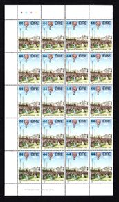 1985 Ireland Anniversaries 44p Richard Crosbie's Balloon Flight Commemorative Stamp Block of 20 with pate 1B1B1B1B and imprint (Irish Security Stamp Printing Limited) Mint Never Hinged (MNH)
