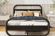 4ft6 Double Bed Frame with Headboard,Bed Base,Black Metal Platform Bed Frame with Mattress Base,Metal Slat Support,Underbed storage,for Bedroom