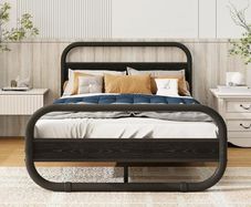 4ft6 Double Bed Frame with Headboard,Bed Base,Black Metal Platform Bed Frame with Mattress Base,Metal Slat Support,Underbed storage,for Bedroom