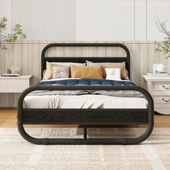 4ft6 Double Bed Frame with Headboard,Bed Base,Black Metal Platform Bed Frame with Mattress Base,Metal Slat Support,Underbed storage,for Bedroom