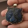 Labradorite Tiger Face Carved Stone Vintage Brass Pendant Image 3