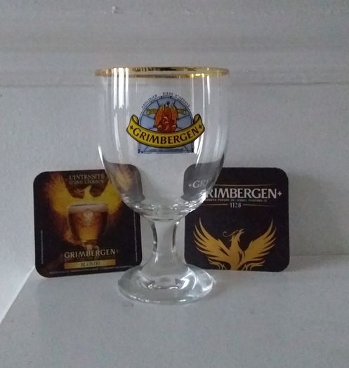 Grimbergen Half Litre , Gold Rimmed Goblet Style , Beer Glass and 2 Beer Mats