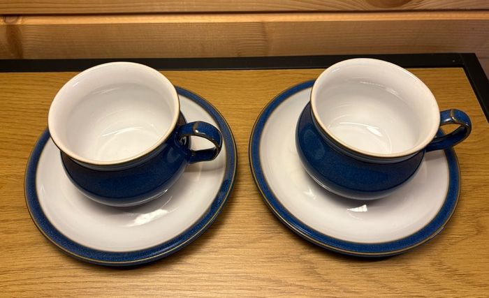 Pristine Pair of Denby "Imperial Blue" Cups & Saucers | English Stoneware Set of 2