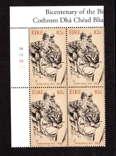 2009 Ireland The 200th Anniversary of the Birth of Charles Darwin Commemorative Stamp Plate Block 1A1A1A1A Mint Never Hinged (MNH)