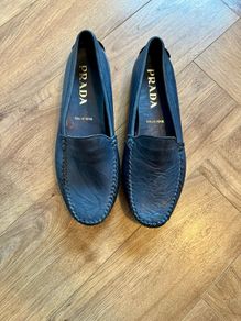 Prada Navy Blue Textured Leather Loafers