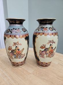Pair Of Vintage Hand Painted Satsuma Vases