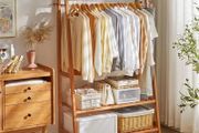 Bamboo Clothes Rail Rack: Free Standing Garment Rack with 3 Storage Shelves 10 Hooks Open Wardrobe Organizer for Clothes Shoes Hats Bags in Entryway Bedroom Living Room