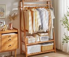 Bamboo Clothes Rail Rack: Free Standing Garment Rack with 3 Storage Shelves 10 Hooks Open Wardrobe Organizer for Clothes Shoes Hats Bags in Entryway Bedroom Living Room