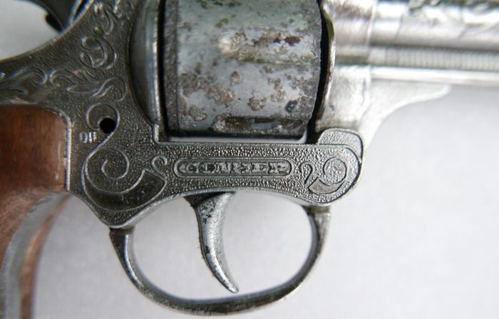 Vintage 60s Metal Cap Gun Firecracker Pistol, Wooden Handle