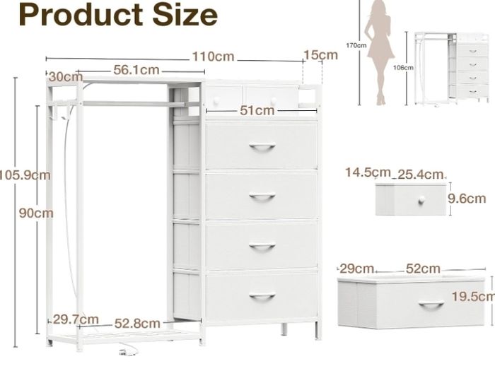 Chest of Drawers Bedroom with Hanging Rail, 110x30x106cm, White  Built-in LED Lighting and Power Socket, Reversible 6-Drawer Design, Fabric Chest of Drawers for Bedrooms and Living Rooms