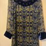 Derhy Dress - Size M - 100% Silk - Navy with olive green design, velvet cuffs and hem with jewelled neck. Image 10