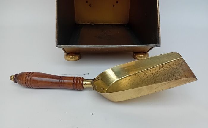 Antique Brass Coal Scuttle Storage Box & Shovel