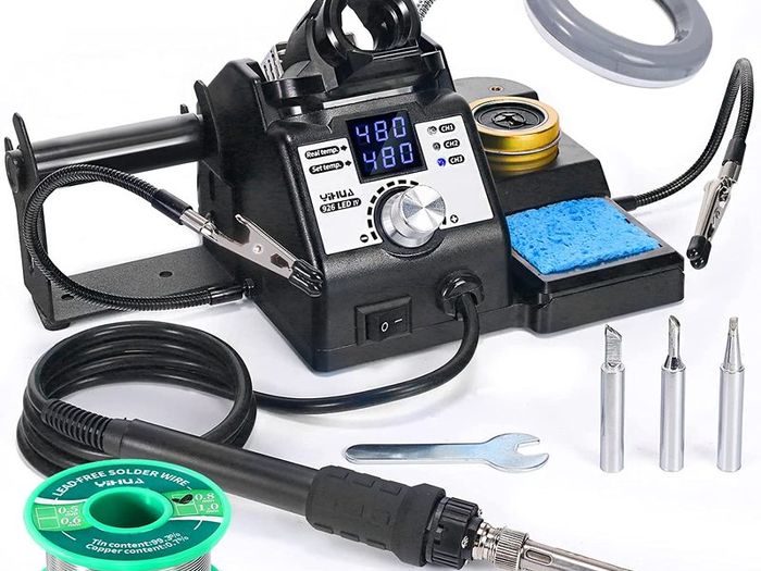YIHUA 926LED IV 60W Digital Soldering Iron Station Kit w Temperature Stabilization for Soldering & Desoldering w Helping Hands 5 Soldering Iron Tips Lead-Free Solder Solder Sucker UK Plug (Silver)