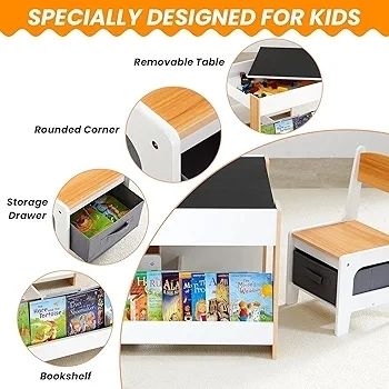 Kids Table and Chair Set, 4 in 1 Toddler Desk with Storage Drawer, Wooden Activity Table for 2 in 1 Detachable Tabletop,Bookshelf, Suitable for Classroom, Home, Nursery, Playroom