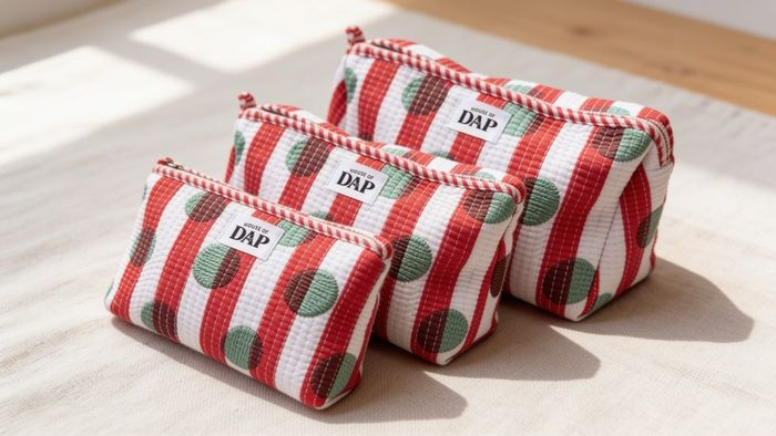 Brand New 3-Piece Hand-Block Print Quilted Cosmetic Bag Set, Nesting Travel Pouches, Cotton Toiletry Organiser