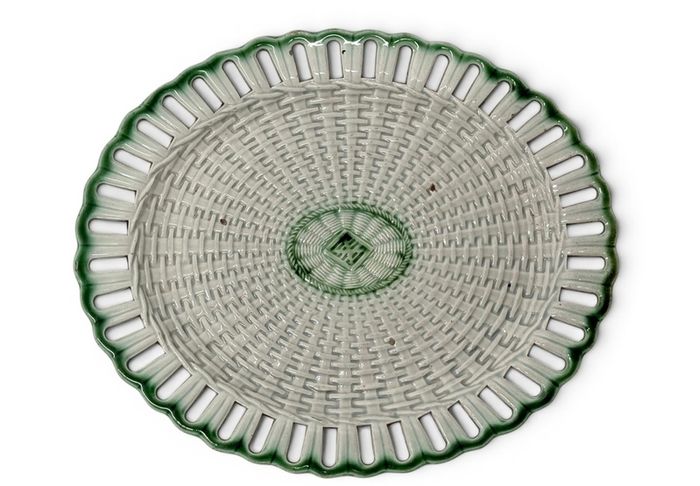Rare Georgian English Pearlware Reticulated Basket Stand c.1800 to 1830 with Green Rope & Diamond