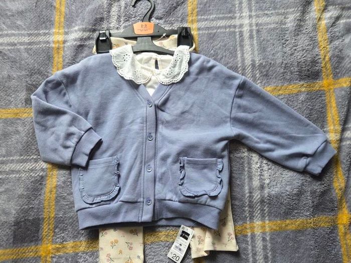 3-Piece Outfit Set - Blue Sweatshirt Cardigan, Broderie Top & Floral Flare Trousers