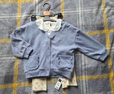 3-Piece Outfit Set - Blue Sweatshirt Cardigan, Broderie Top & Floral Flare Trousers