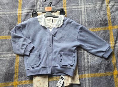3-Piece Outfit Set - Blue Sweatshirt Cardigan, Broderie Top & Floral Flare Trousers