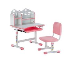 Kids Study Chair and Desk Set, Study Desk and Chair for Kids with Bookshelf and Storage Drawer, Adjustable Height Kids Study Desk with Chair, Children Study Table for Bedroom & Study Room, Pink