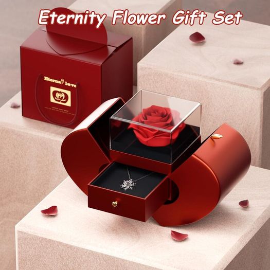 Gifts for Her, Handmade Preserved Eternal Rose Gift Box with Love You Necklace, Artificial Rose Flowers Romantic Gifts for Women on Birthday, Anniversary, Mothers Day
