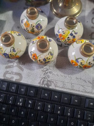 5 Beautiful Old Ceramic Oil Lamps, Painted with Orange, Yellow, and Blue Pansies Postage Available