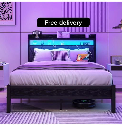 4ft6 Double Size Bed Frame with LED Lights Storage Upholstered Headboard and Charging Station, Solid Metal Platform Bed Double Size, No Box Spring Needed, Noise Free