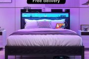 4ft6 Double Size Bed Frame with LED Lights Storage Upholstered Headboard and Charging Station, Solid Metal Platform Bed Double Size, No Box Spring Needed, Noise Free
