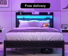 4ft6 Double Size Bed Frame with LED Lights Storage Upholstered Headboard and Charging Station, Solid Metal Platform Bed Double Size, No Box Spring Needed, Noise Free