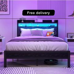 4ft6 Double Size Bed Frame with LED Lights Storage Upholstered Headboard and Charging Station, Solid Metal Platform Bed Double Size, No Box Spring Needed, Noise Free