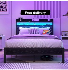 4ft6 Double Size Bed Frame with LED Lights Storage Upholstered Headboard and Charging Station, Solid Metal Platform Bed Double Size, No Box Spring Needed, Noise Free