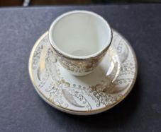 Vintage ARKLOW 1 Egg cup and 3 Saucer's white with Golden Flower Leaf Pattern