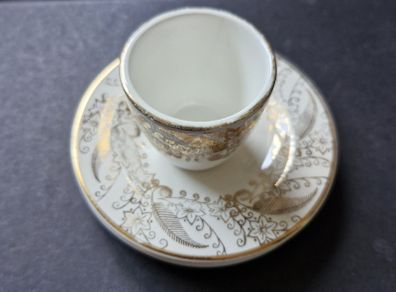 Vintage ARKLOW 1 Egg cup and 3 Saucer's white with Golden Flower Leaf Pattern