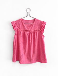 Pre Owned Vibrant Pink Eyelet Cutout Flutter Sleeve Blouse