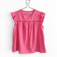Pre Owned Vibrant Pink Eyelet Cutout Flutter Sleeve Blouse