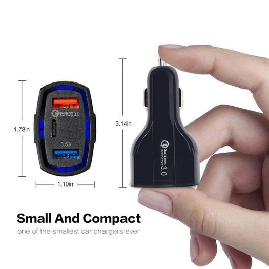2 X QC 3.0 3 Port Fast Car Mobile Charger (Dual USB-A + Type-C) 35W (Brand New/Warranty)