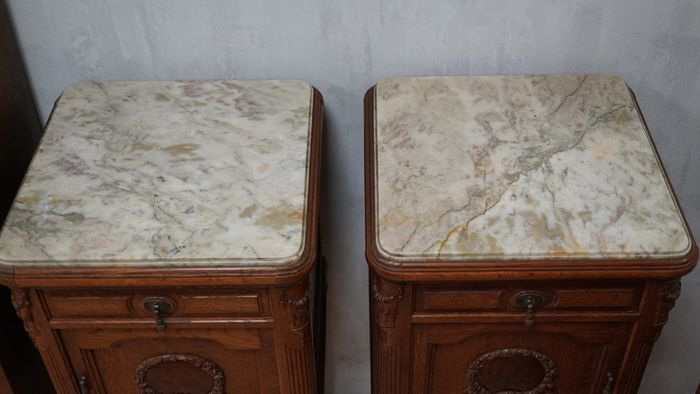 Pair of Antique French Oak Marble-Top Bedside Cabinets