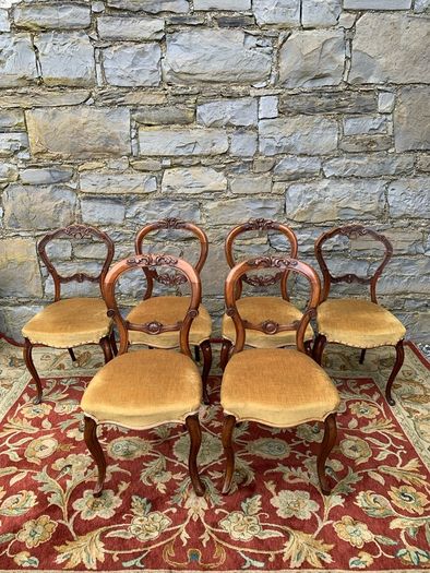 Set of 6 Victorian Walnut Balloon Back Dining Chairs.