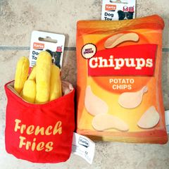 Set of Two Squeaky Cracking Dog Toys by Karlie - French Fries + Potato Chips NEW