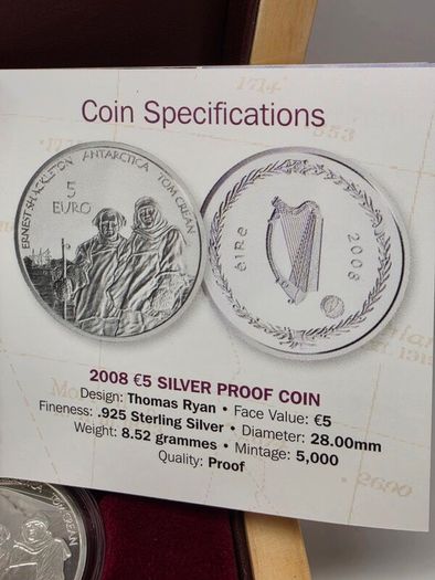 Ireland Silver Proof 2008 Antarctic Explorers Series Ernest Shackleton and Tom Crean 5 Euro Coin in Original Holder with COA