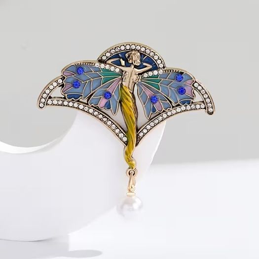 Art Nouveau Style Lady Wings Fairy Pearl Brooch