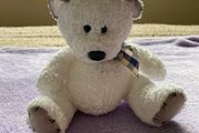 Adorable White Teddy Bear with Cream and Blue Plaid Bow