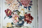 This is a vintage botanical art print titled "Peony" framed and glazed,