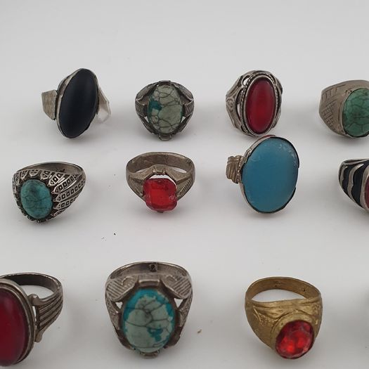 15 Rustic Brass Rings Mixed Traditional Glass & Stone Ring Collection