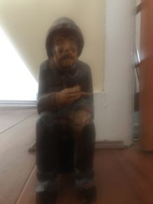 Fisherman- Solid Wood Hand Carving of Fisherman smoking a pipe. In mint condition. Approximately 50 years old