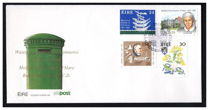 1987 Ireland Anniversaries: Bicentenary of Waterford Chamber of Commerce; Golden Jubilee of Muintir Na Tire; Tercentenary of Trinity College Botanic Gardens and Golden Jubilee of Medical Missionaries of Mary Commemorative Stamps An Post First Day Cover (F
