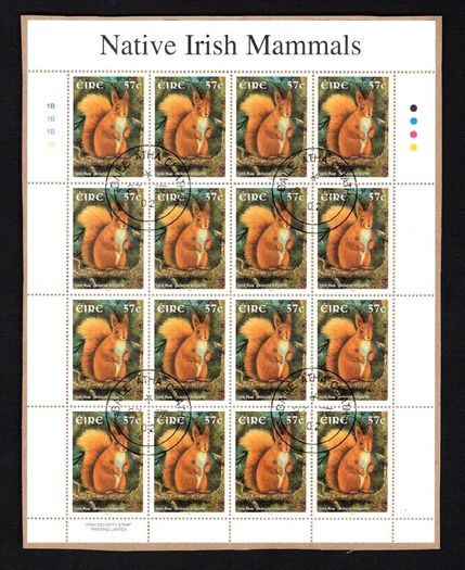 2002 Ireland Native Irish Mammals (41c Badger, 50c Otter, 57c Red Squirrel & E1 Hedgehog) Commemorative Stamp Sheetlet Fine Used with Dublin CDS cancel of 23rd April 2002 (Frist day of issued) on envelope extract.