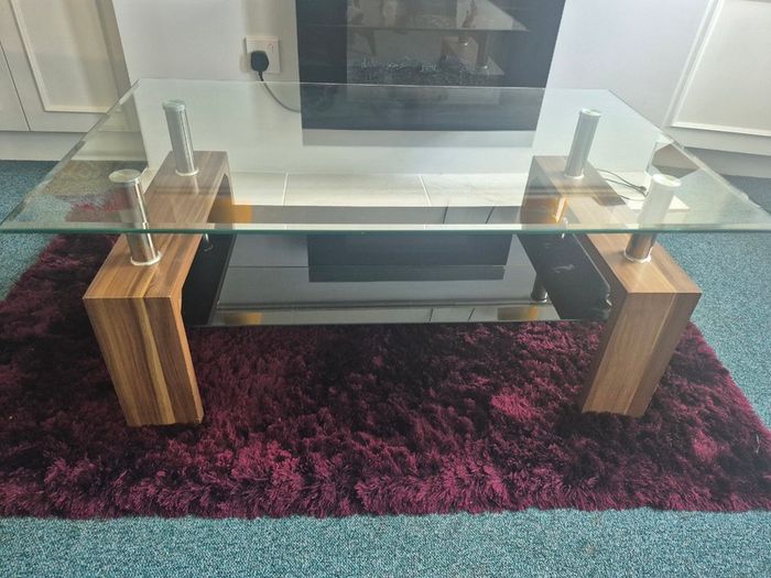 Smoked glass dining table & chairs + coffee table