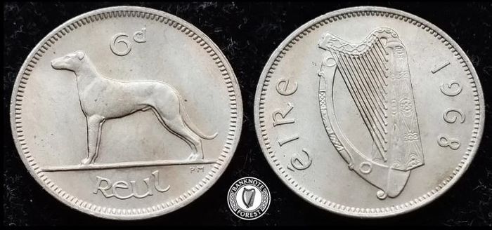 [#453] - Ireland 1968 | Irish 6p | Six Pence | Wolfhound | KM.13a | UNC